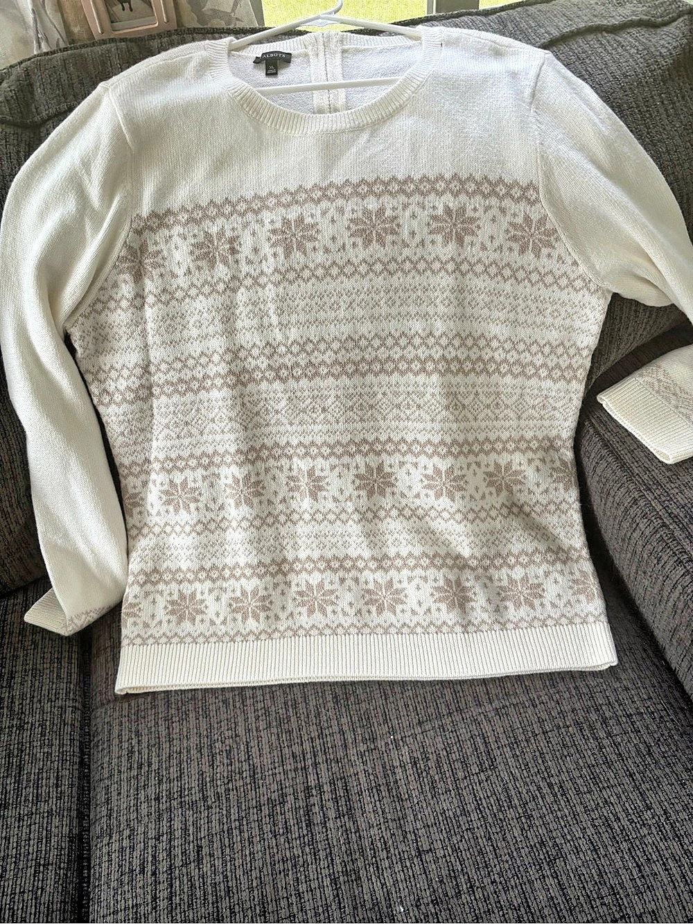 Talbots Fair Isle Crewneck Sweater in White & Brown XL Like New